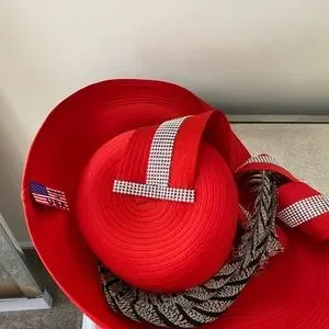 ? NWT CHARM NY RED “WIDE BRIM” RHINESTONES DERBY COGIC CHURCH OR DERBY HAT Elegant and luxurious hat with beautiful hatbox .Worn to the  main image 3